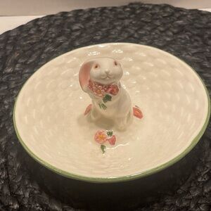 1970s Ceramic Bunny trinket Dish with Pink Floral Accents vintage